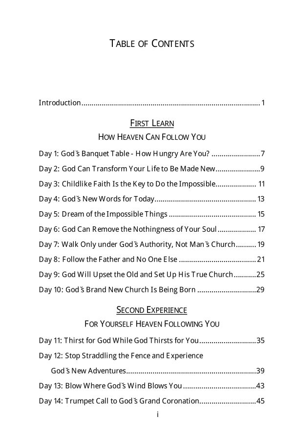 30 Days with the Father - Table of Contents page 1